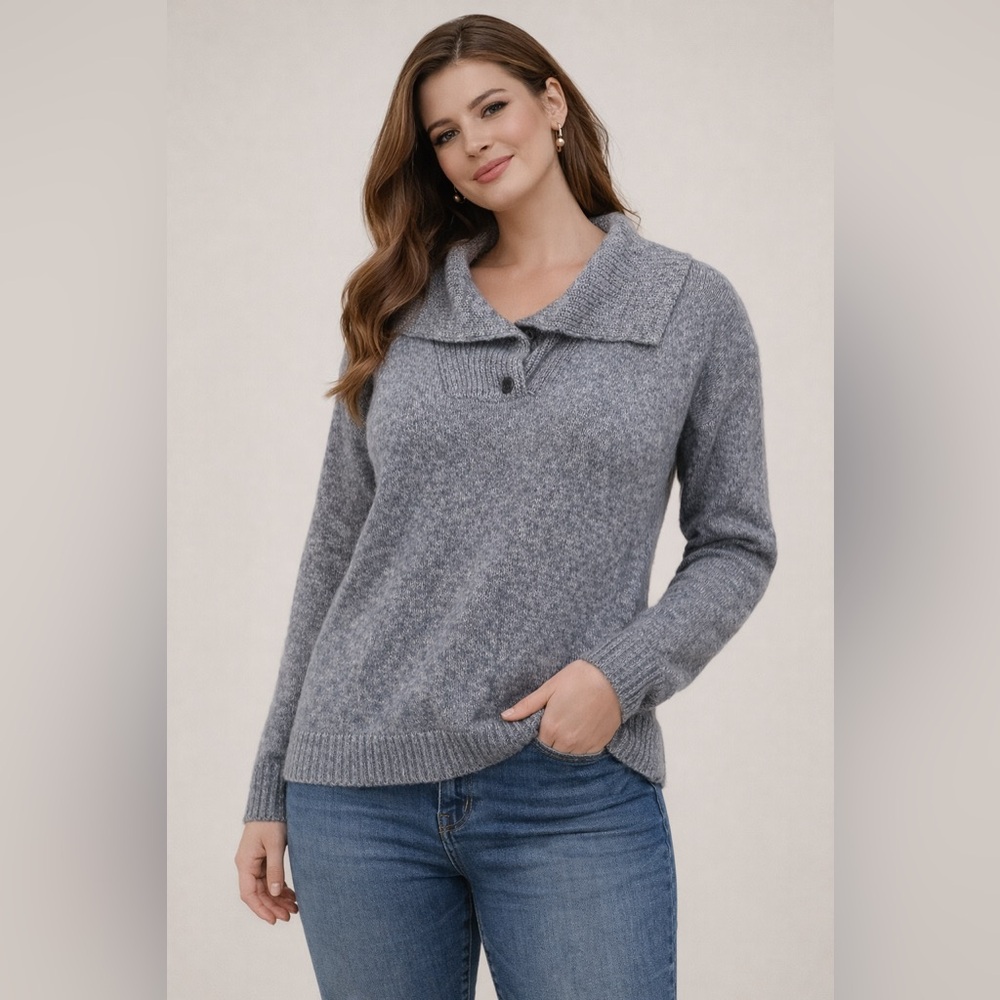 Talbots Blue Shawl Collar Sweater Womens Small‎ Cozy Button Neck Knit Pullover